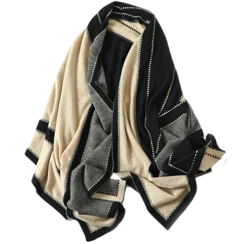100% Чистый кашемировый вязаный шарф, женская зимняя шаль с геометрическим рисунком, камвольная шаль из чистого кашемира, шарф двойного назначения, вязаный