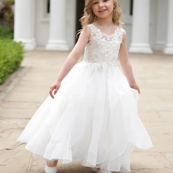 2023 Изготовленное на заказ белое кружевное платье в цветочек для девочки на свадьбу, День рождения, платье для первого причастия, свадебное платье для маленькой девочки