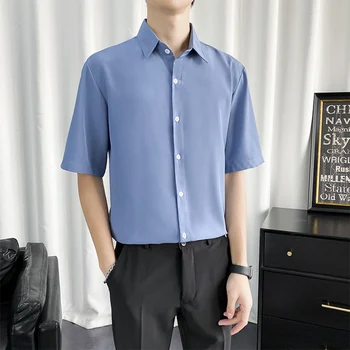 2023 Летние мужские однотонные рубашки с коротким рукавом, повседневные топы в корейском стиле, Мужское офисное платье синего, серого, черного, белого цвета