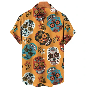 2023 Летний принт 3D Гавайская мужская рубашка Женская с коротким рукавом негабаритный Рисунок черепа Впечатление Дышащей мужской рубашки 5XL