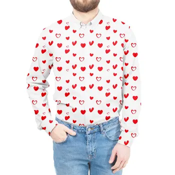 3D Графический принт в виде сердца, отложной воротник, рубашки с длинным рукавом, осенне-весенняя блузка, мужская одежда, топы на День Святого Валентина, Рождество
