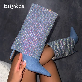 Eilyken/ Новинка 2024 года, женские сапоги до колена на тонком каблуке с острым носком и синими кристаллами, Зимняя обувь, Женские пинетки Zapatos Mujer