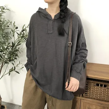 Johnature Оригинальная Свободная Корейская повседневная футболка с капюшоном и длинными рукавами, модная хлопковая однотонная футболка в винтажном стиле