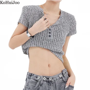 Kohuijoo Трикотажная футболка с короткими рукавами Для женщин 2023, укороченный топ с полуоткрытым О-образным вырезом, Сексуальный пуловер с вырезами, Свободные Короткие топы,
