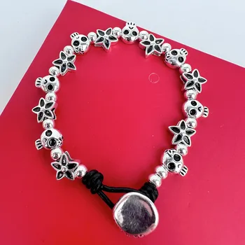 UNO Винтажный браслет с цветочным шармом в виде черепа серебристого цвета, ручная бижутерия, индивидуальная цепочка для праздничного подарка унисекс