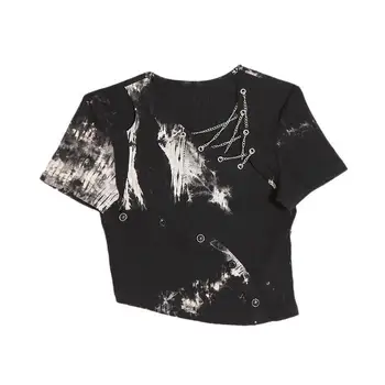 Y2k Винтажный укороченный топ с принтом Harajuku, нерегулярная цепочка, футболка Dark Academy Goth Kawai, Шикарная женская винтажная футболка, одежда