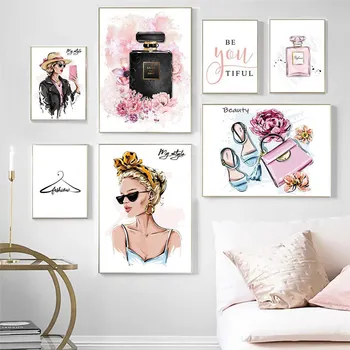 Абстрактная картина на холсте, Парфюмерная настенная живопись, плакат с изображением модной девушки, Розовое настенное искусство, Скандинавские настенные плакаты, декор комнаты для девочек