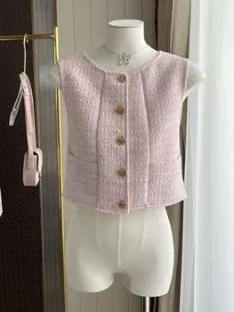 Высококачественный французский Элегантный Женский жилет-майка из нежно-розового твида без рукавов, Роскошная универсальная укороченная женская брендовая верхняя одежда