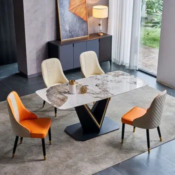 Высококлассный бытовой минималистичный обеденный стол из устойчивой каменной плиты с яркой поверхностью и красной сеткой прямоугольной формы ресторан