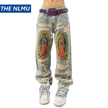 Вышивка, лоскутное шитье, Рваные джинсы, мужские винтажные синие джинсовые брюки с дырками, уличная одежда, джинсы в стиле хип-хоп, мужские брюки