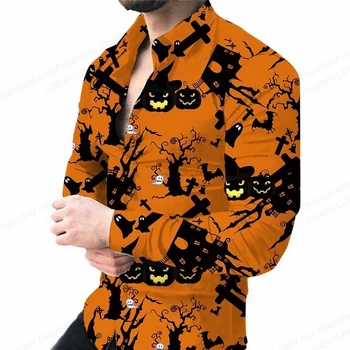 Гавайские рубашки, рубашки с 3D-принтом на Хэллоуин, мужская модная рубашка, пляжная блузка с длинным рукавом, рубашка с отворотом в виде тыквы, мужская одежда