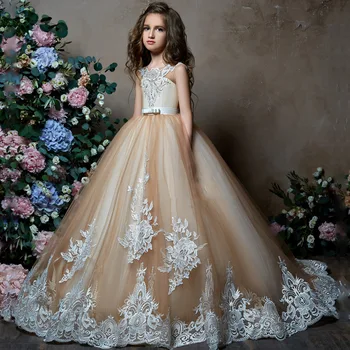 Детское Свадебное платье с кружевным хвостом, без рукавов, Пышное Длинное платье принцессы на День рождения