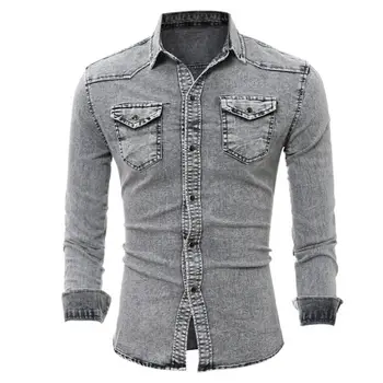 Джинсовая рубашка Мужская Приталенная джинсовая рубашка Модная ковбойская стильная рубашка с длинным рукавом, топы для стирки Camisa Masculina