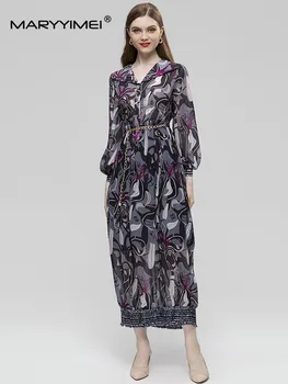 Дизайнерское Женское платье MARYYIMEI С втягиванием талии, Появляются Фрагментированные цветы, тонкое Длинное платье на пуговицах С V-образным вырезом, Платье