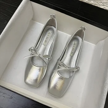 Женская обувь Mary Jane, серебристые тонкие туфли с квадратным носком, модные тонкие женские туфли на толстом каблуке, модная уличная женская обувь
