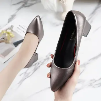 Женская обувь на заостренных квадратных каблуках 2023, Простая офисная профессиональная обувь, простое Все, подходящая женская обувь на высоких каблуках
