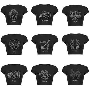 Женская футболка с принтом Grunge Twelve Constellation Y2k Summer Harajuku, Винтажный Мягкий Дышащий Топ С круглым вырезом И Коротким рукавом, Одежда