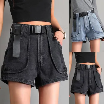 Женские летние широкие шорты трапециевидной формы с поясом, джинсовые шорты с высокой талией и завязками, джинсовые шорты с карманами