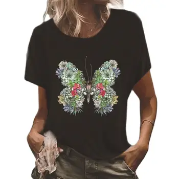 Женские футболки, забавные футболки с изображением бабочек и цветов, круглый вырез, короткие рукава, повседневные топы для выходных, женские топы