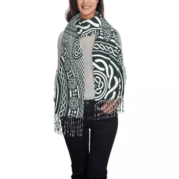 Женский шарф с абстрактной черно-белой кельтской мандалой, Зимняя шаль и бандана с кисточками, женская