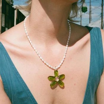 Зеленый стеклянный цветок из бисера жемчужное ожерелье для женщин большое эффектное летнее ожерелье пляжный отдых ювелирные изделия новые в