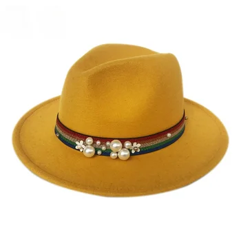 Классическая шляпа с широкими полями, Замшевая шерстяная шляпа из искусственного войлока с пряжкой на ремне, Фетровая шляпа-панама с жемчужным декором