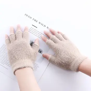 Корейские однотонные женские перчатки с защитой от холода на полпальца, варежки из искусственного меха, теплые аксессуары для рук, плюшевые перчатки