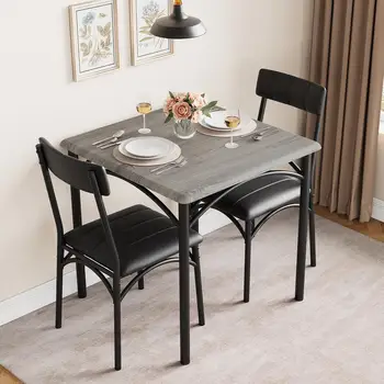 Кухонный стол из 3 предметов, Обеденный стол, 2 мягких стула из металла и дерева, Квадратный обеденный стол для небольшой квартиры