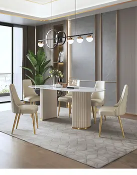 Легкий роскошный обеденный стол из каменной доски прямоугольной формы, современный минималистичный обеденный стол неправильной формы, сочетание стульев