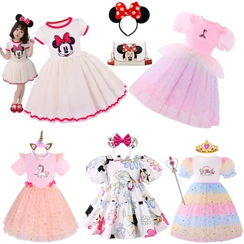Летние платья 2023 года, повседневные розовые платья с русалочкой, детские платья с Микки и Минни Маус для девочек, хлопковая праздничная одежда принцессы с героями мультфильмов от 2 до 10 лет
