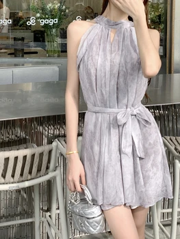 Лето 2023, Новое дизайнерское платье с открытыми плечами Sense Temperament Wood Ear, женское шифоновое милое короткое платье трапециевидной формы без рукавов