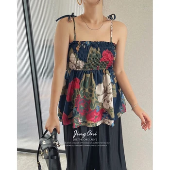 Майки, майка, Укороченная Модная Женская одежда Y2K 2023, Летняя Корейская Винтажная блузка с цветочным рисунком, Сексуальная без рукавов, с открытыми плечами