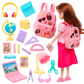Милые миниатюрные принадлежности для кукольного домика для учебы для Барби, 18 предметов, мини-ноутбук, Линейка, Глобус, карандаш, Настольная лампа для детских игрушек Barbie
