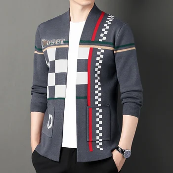 Модный мужской кардиган с рисунком в виде шахматной доски, вязаный свитер в полоску, Контрастный повседневный стиль High Street 2023