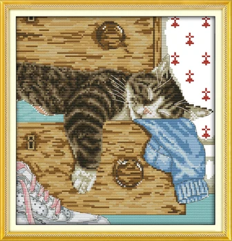 Набор для вышивания крестиком Joy Sunday с предварительной печатью Easy Pattern Набор для вышивания из тисненой ткани Aida-Прекрасный ленивый кот