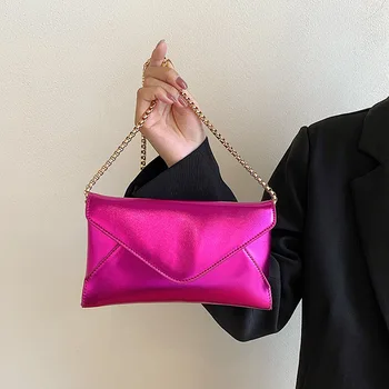 Новая женская вечерняя сумка через плечо, Кожаный клатч, сумочка-конверт для выпускного вечера, Серебряная сумочка через плечо с цепочкой