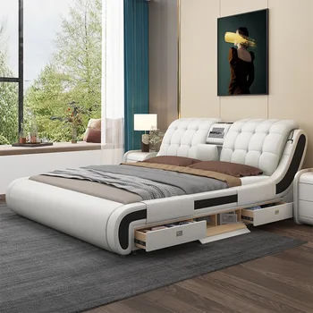 Новая интеллектуальная кожаная кровать Napa 2023 Многофункциональная кожаная кровать Современная Простая Электрическая массажная Мастер-кровать Двуспальная кровать