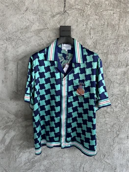 Новая модная шелковая рубашка Casablanca в синюю клетку, уличная одежда с принтом замка, Мужские и женские Гавайские пляжные рубашки с коротким рукавом Kanye West