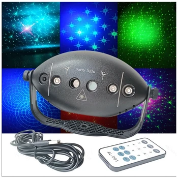 Новейший стробоскопический мини-светильник с дистанционным управлением, активируемый звуком, для вечеринок с USB-зарядкой, 6 отверстий, 72 картинки, красочные светодиодные и лазерные