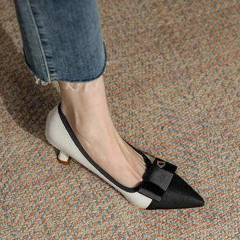 Новые весенние модные женские туфли-лодочки на высоком каблуке с острым носком, черные туфли-лодочки в стиле пэчворк, женские туфли без застежек с бантиком