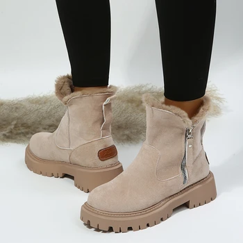 Новые женские зимние ботинки 2023, теплая модная дизайнерская женская обувь, нескользящие короткие ботинки на платформе, 42 Размер, замшевые ботильоны в стиле ретро.