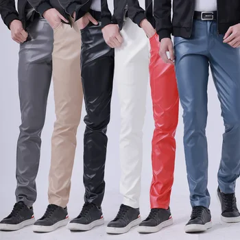 Новые модные Тонкие брюки из искусственной кожи Мужские Весна Лето Эластичные Облегающие брюки-карандаш Винтажные Длинные брюки Уличная Одежда Мужская