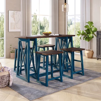 Обеденный набор из 5 предметов в деревенском стиле, деревянный консольный стол с 4 табуретками для небольших мест, орех + синий