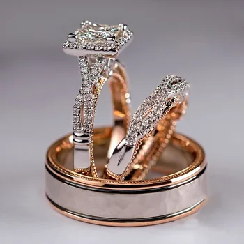 Парное кольцо из розового золота с цирконием для мужчин и женщин, модный тренд, кольцо на палец, комплект ювелирных изделий для помолвки из трех предметов для мужчин и женщин