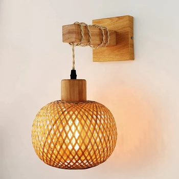 Ретро Настенный светильник из плетеного ротанга Деревянные Бра Прикроватная лампа для гостиной Винтажное освещение для спальни