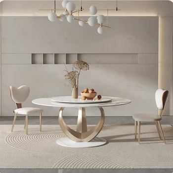Роскошные кухонные столы Nordic Light с поворотным столом, мебель на каркасе из нержавеющей стали, мебель для обеденного стола из круглого сланца