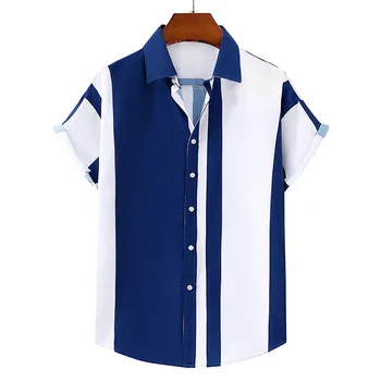 Рубашка в полоску контрастного цвета с короткими рукавами 2023, летняя новая молодежная мужская одежда для пляжного отдыха, модная одежда в морском стиле для мужчин