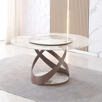 Современный обеденный стол из спеченного камня 59,05 дюйма с круглым поворотным столом 31,5 дюйма и изысканной металлической подставкой для столовой, Кухни