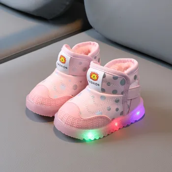 Теплые Детские Светящиеся хлопчатобумажные ботинки со светодиодной подсветкой, детские непромокаемые ботинки для девочек, Сапоги для девочек, размер 1, Большие Ботинки для девочек, Размер 4