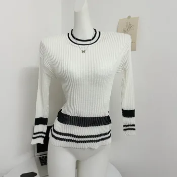 Тонкий шикарный однотонный женский вязаный свитер с круглым вырезом, Корейский модный Женский осенне-зимний свитер в черную полоску